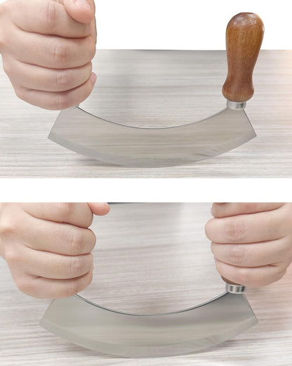 6.8 Inch Stainless Steel Mezzaluna Knife - Salad Chopper Rocker Pizza Cutter Rocker Knife Curved Blade Sharp Blade Double Acacia Wood Handle Fruit Vegetable Mincing (6.8 Inch Silver)