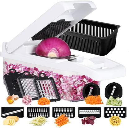 Ourokhome Vegetable Chopper Onion Cutter, 14 in 1 Professional Mandolin Slicer for Kitchen, Multifunctional Food Chopper for Potato, Tomato, Veggie with Strainer Basket, 10 Blades, Gray