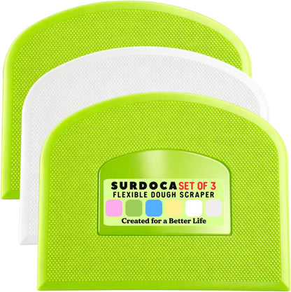 SURDOCA Dough Scraper Bench Scraper - 3P 4.7x3.7" Plastic Flexible Bowl Scraper, Sharp Edge & Angles Cake Scraper. Non-Slip Bakeware Decorating Tools Sculpting & Modeling Tools - Green+White+Green - Colors B
