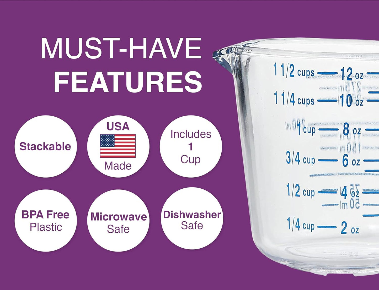 Arrow Home Products 03212 4-1/2 Cup Cool Grip Measure Cup, 36-Ounce Capacity, Plastic with Blue Handle and Graduates