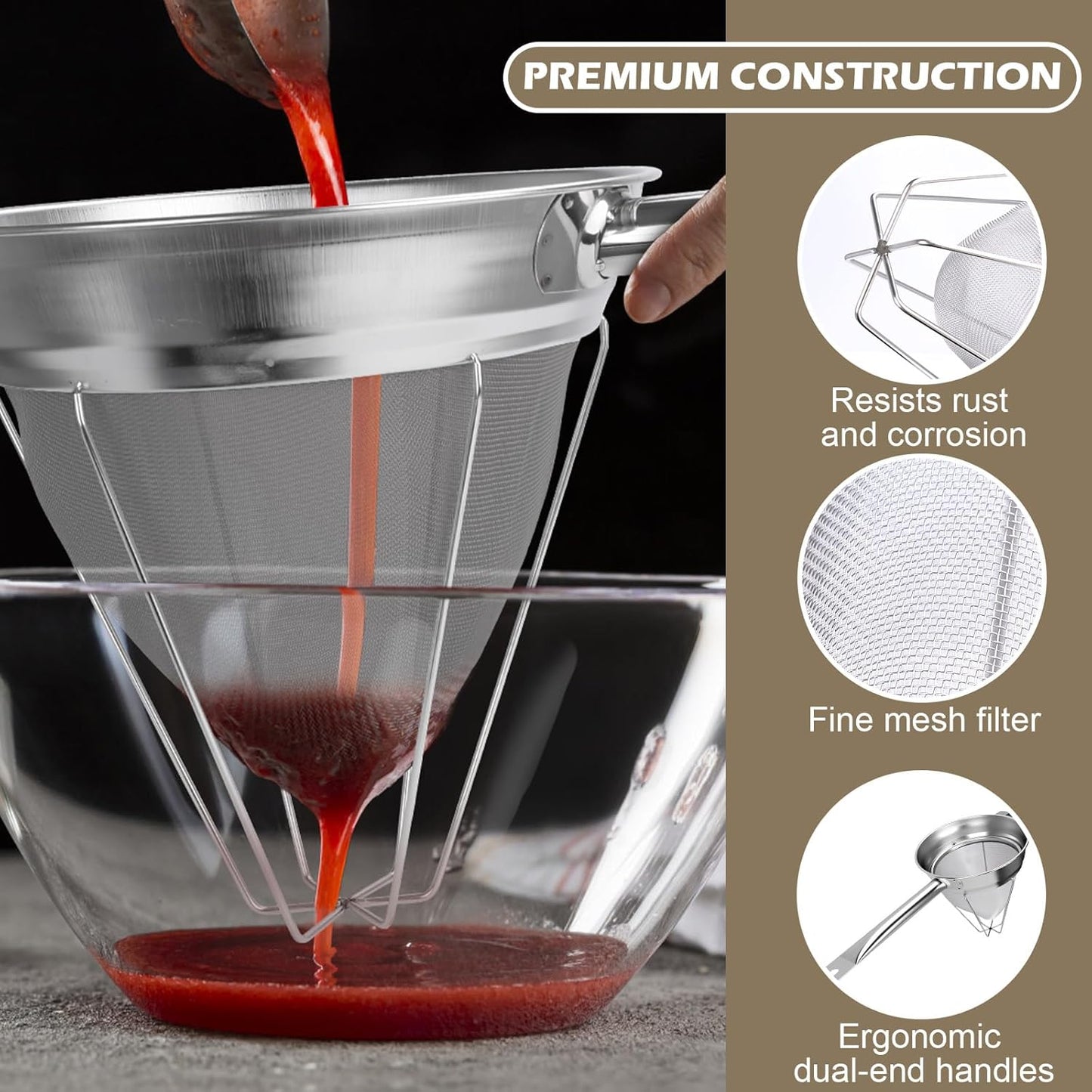 Stainless Steel Bouillon Strainer, 8-Inch Conical Fine Mesh, Heavy-Duty with Support Ring