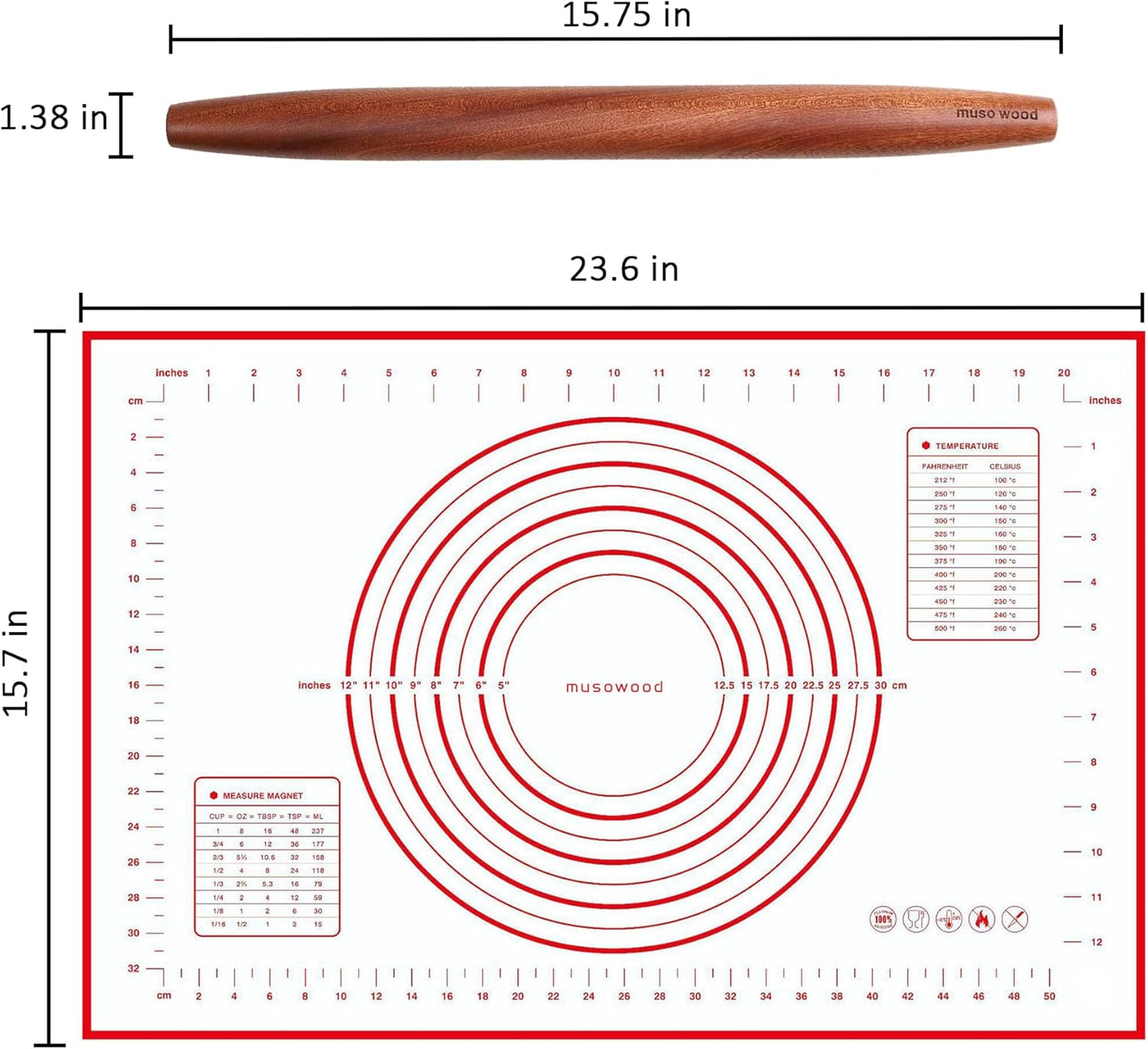 Muso Wood Sapele Wooden French Rolling Pin for Baking, Tapered Roller for Fondant, Pie Crust, Cookie, Pastry (French 15-3/4inch)