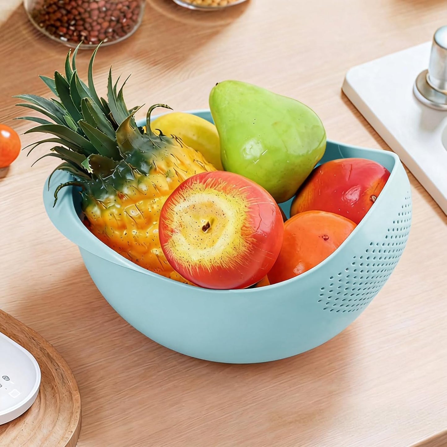 Plastic Washing Bowl With Strainer - Efficiently Wash Small Grains for Rice, Pasta, Vegetables, Fruits-Blue