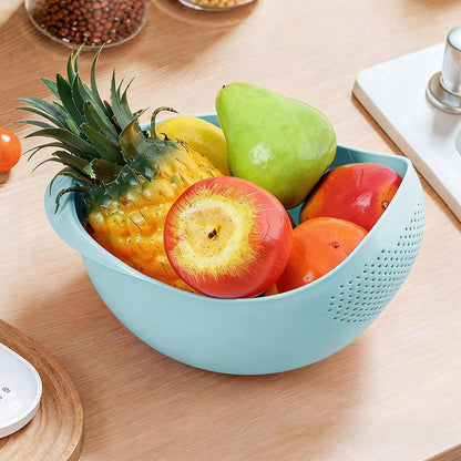 Plastic Washing Bowl With Strainer - Efficiently Wash Small Grains for Rice, Pasta, Vegetables, Fruits-Blue