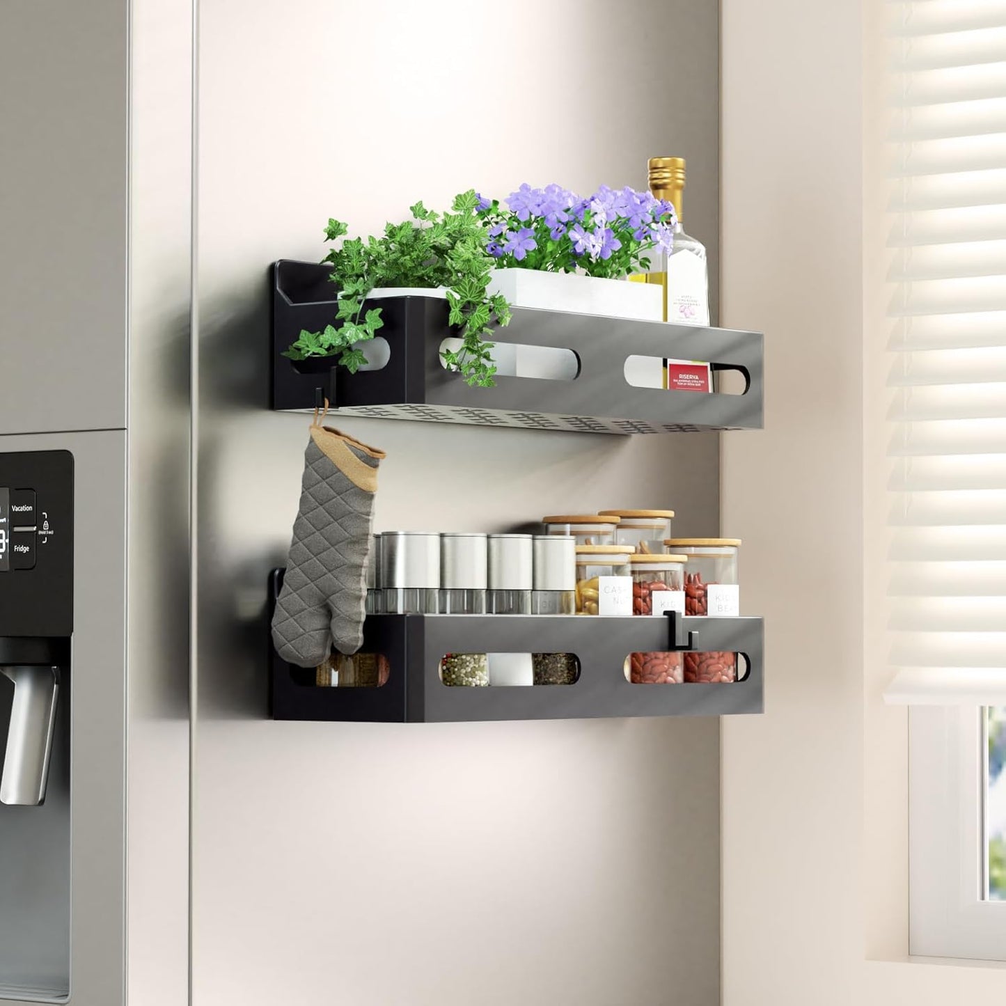 Sevenblue 4 Pack Strong Magnetic Spice Rack for Refrigerator, Multipurpose Magnetic Shelf for Fridge with 4 Hooks for Kitchen and Bathroom Organization, Black
