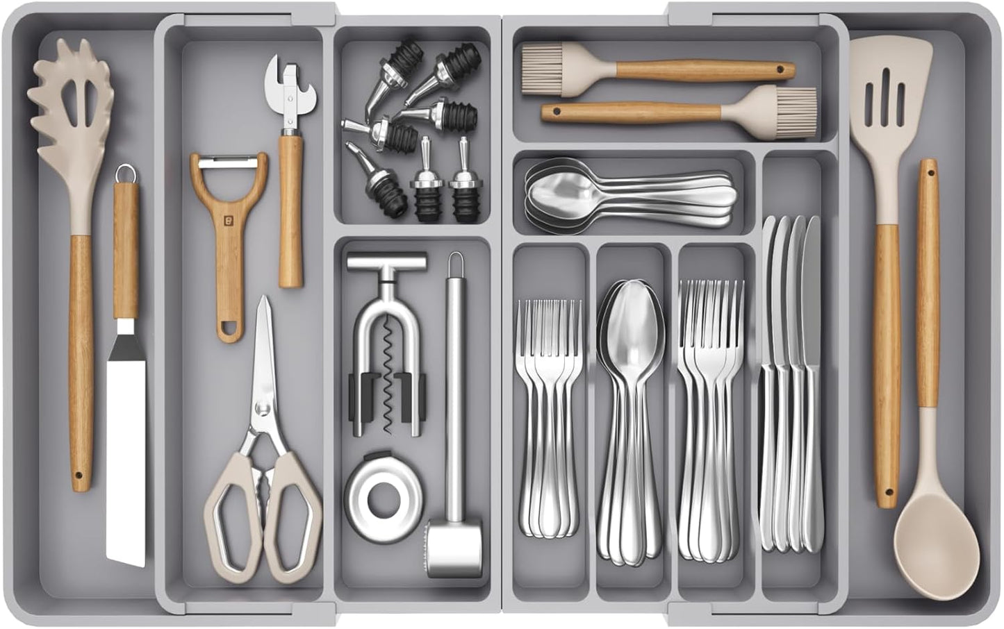 Lifewit Utensil Organizer for Kitchen Drawer, Expandable Cooking Silverware Tray, Adjustable Cutlery Flatware Holder, Plastic Spatula Tools Storage Divider, 14.4 x 15.8", Black