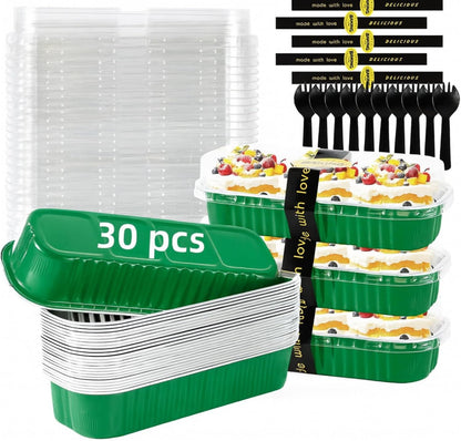 Mini Loaf Pans with Lids and Spoons Sealing Sticker,30 Pcs 6.8oz Cake Pans for Baking Disposable Aluminum Foil Christmas Cake Pan (30 PCS GOLD)