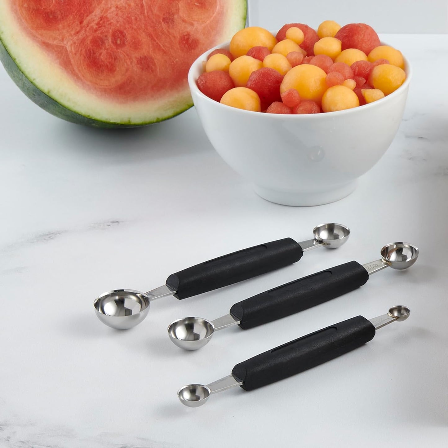 Cat Cora Melon Baller, Professional 18/8 Stainless Steel Dual Blades 10/15-Millimeter for Melon Balls and Garnishes, Ergonomic Soft-Grip Handle