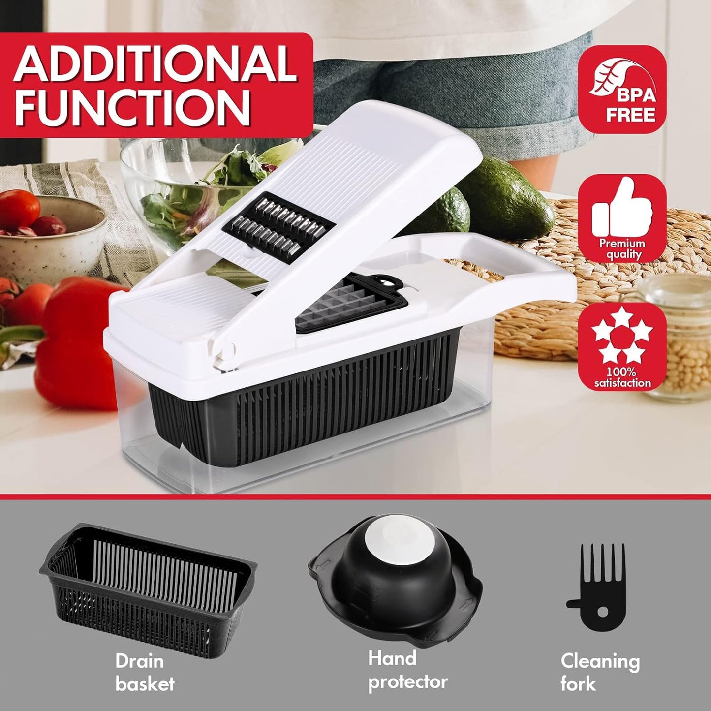 Ourokhome Vegetable Chopper Onion Cutter, 14 in 1 Professional Mandolin Slicer for Kitchen, Multifunctional Food Chopper for Potato, Tomato, Veggie with Strainer Basket, 10 Blades, Gray