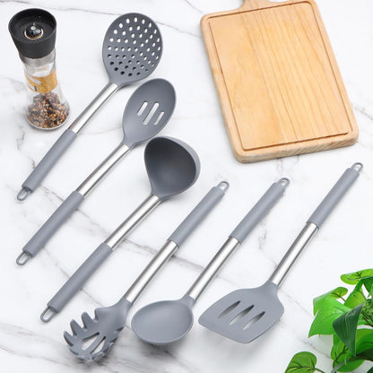 Silicone Kitchen Utensils Set 34 Pieces 450 °F Heat Resistant - Grey Cooking Utensils-Set for Nonstick Cookware - Silicone Spatulas Set, Stainless Steel Handle & Other Kitchen accessories