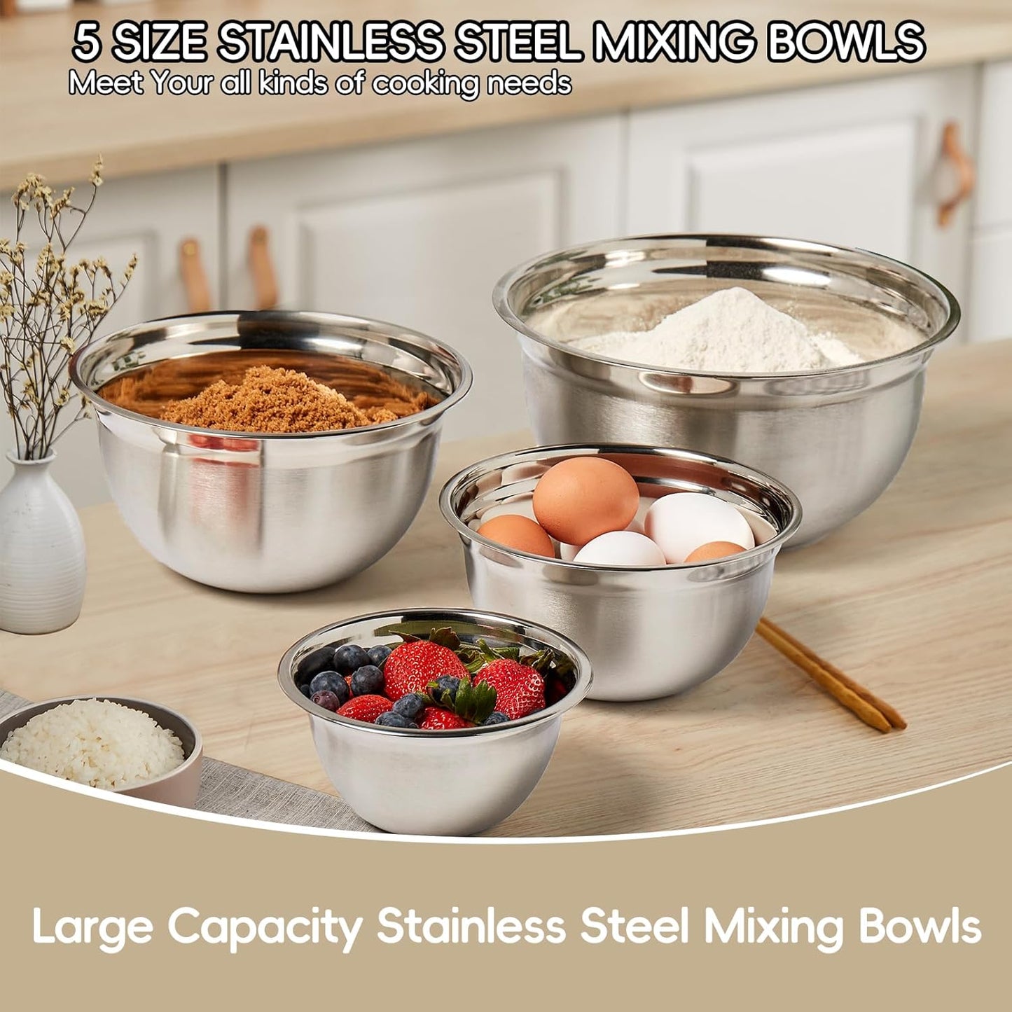 WEPSEN 5-Speed Electric Hand Mixer, 4 Large Mixing Bowls Set, Handheld Mixers with Whisks Beater, Stainless Steel Metal Nesting Bowl Measuring Cups Spoons Kitchen Cake Blender for Baking Supplies