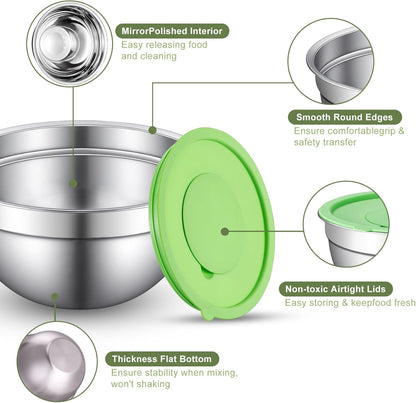 Stainless Steel Mixing Bowls with Lids Set, 6 Nesting Kitchen Bowls 0.7-4 QT, Metal Mixing Bowls with 3 Grater Attachments, Dishwasher Safe for Prep, Mixing, Serving & Storage