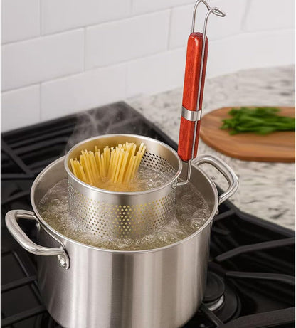 Mesh Pasta Basket Food Strainer Insert For Pot, Colander with Round Wooden Handle Stainless Steel Mesh Spider Strainer for Pasta Noodles Dumpling Vegetable