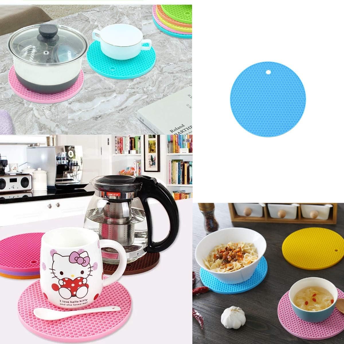 YANGG Clip-On Silicone Snap Strainer,Pasta Strainer for Spaghetti Pasta Ground Beef Grease for Most of Bowls and Pots,Food Grade Strainer,With 1pcs Hot Pads Heat-resistant (Light Blue)