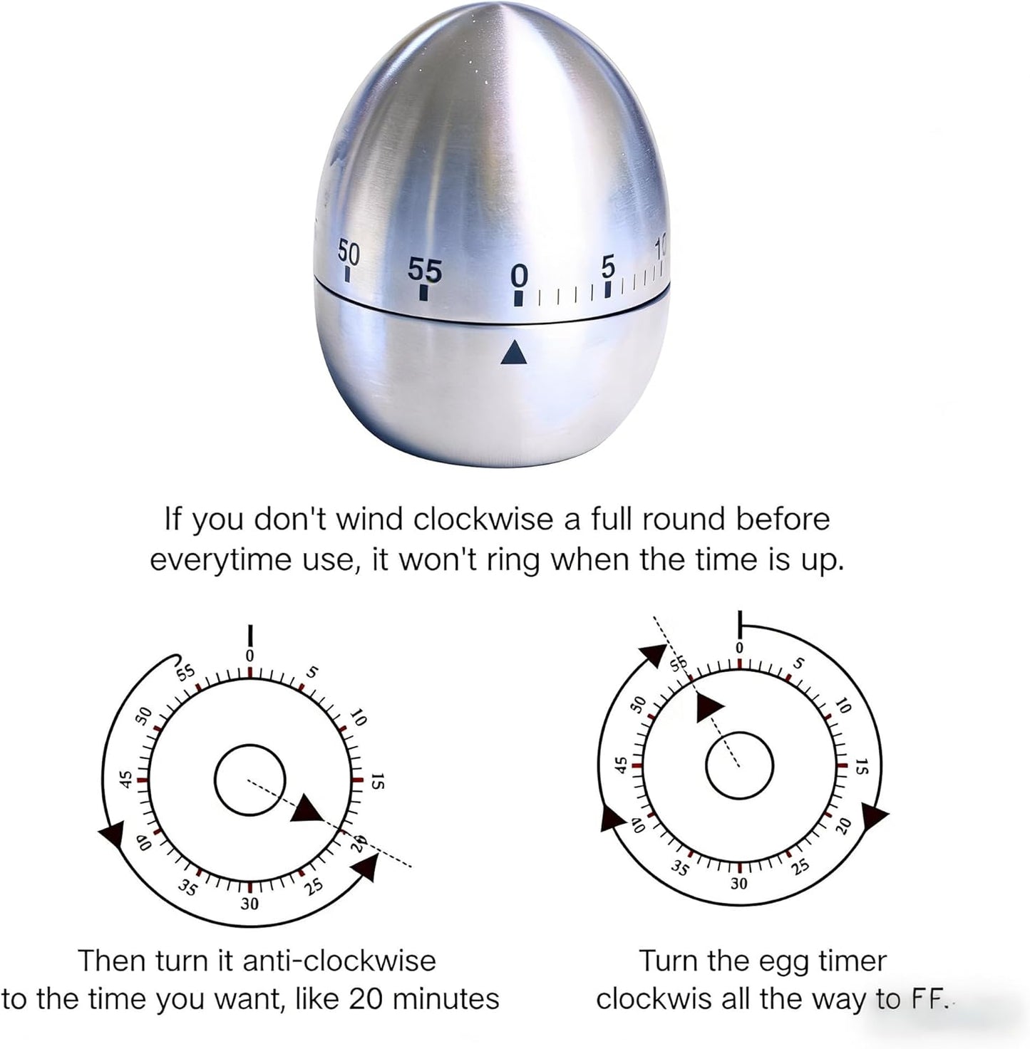 Stainless Steel Kitchen Timer Egg – Accurate Countdown Timer for Cooking, Metallic Silver Egg Shape, with Dual-Language Manual (English & Chinese)
