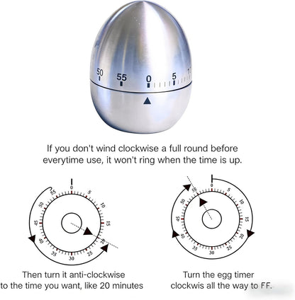 Stainless Steel Kitchen Timer Egg – Accurate Countdown Timer for Cooking, Metallic Silver Egg Shape, with Dual-Language Manual (English & Chinese)