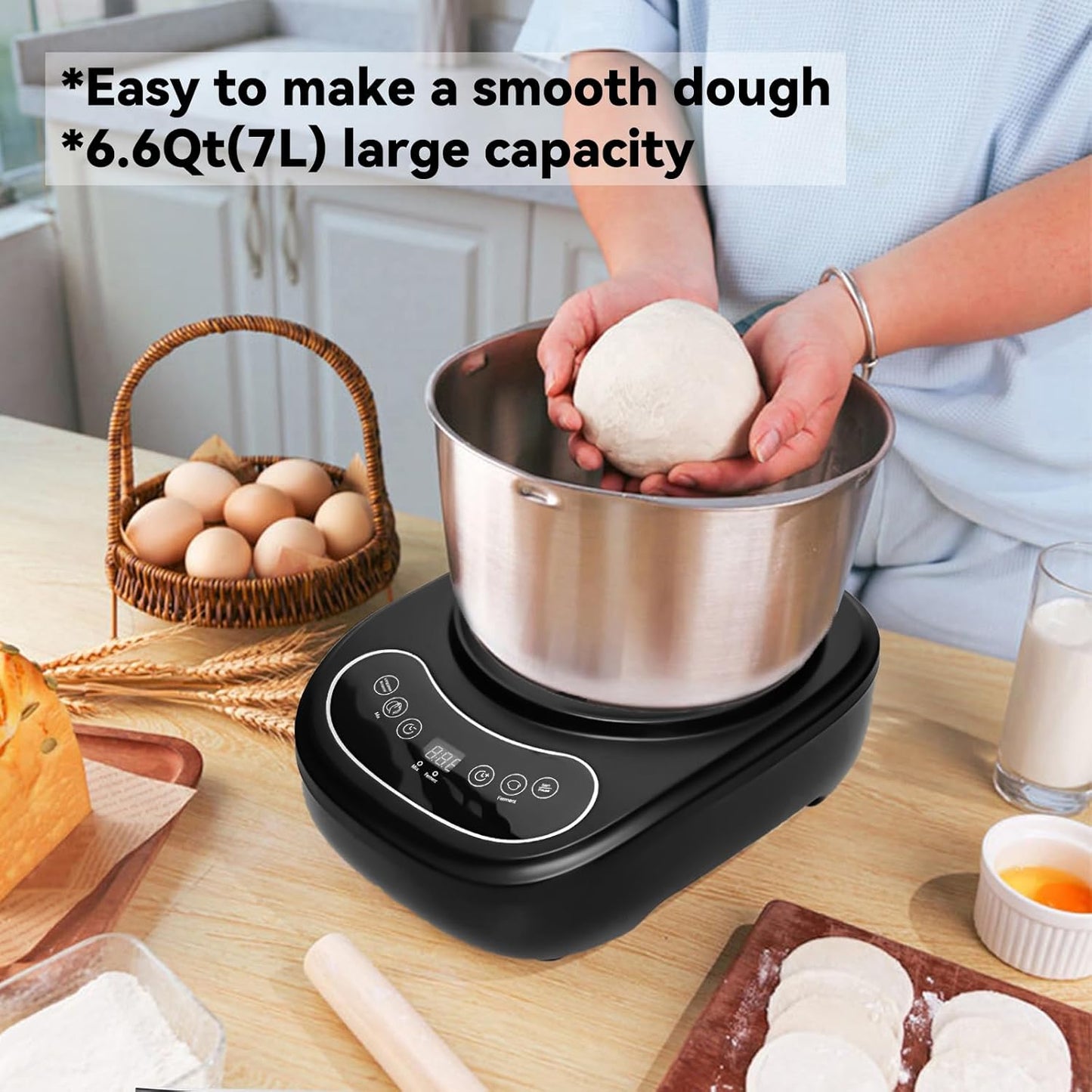 Dough Mixer 7L Large Capacity Electric Dough Maker with Ferment Function for Baking Bread Dough&Pizza Dough - Dough whisk 304 Stainless Steel Blender Add water/seasoning with Top Small Window