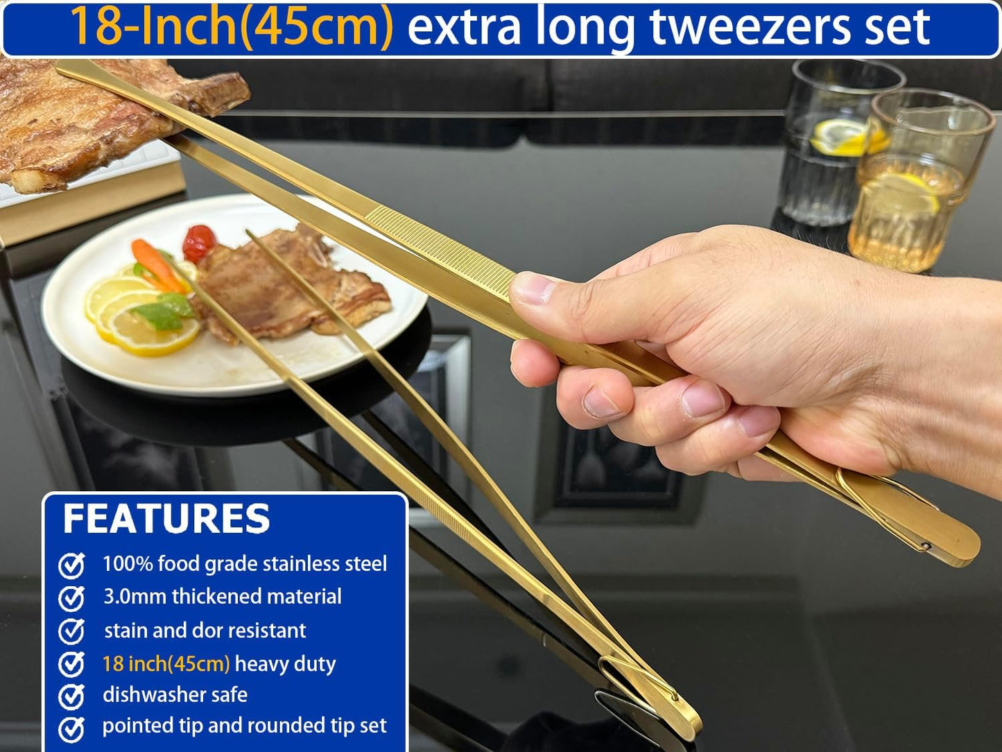 JETKONG 2 Pcs 12-Inch Kitchen Tweezers Fine Tweezer Tongs, Extra-Long Stainless Steel Cooking Tweezers (Silver)