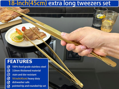 JETKONG 2 Pcs 12-Inch Kitchen Tweezers Fine Tweezer Tongs, Extra-Long Stainless Steel Cooking Tweezers (Silver)