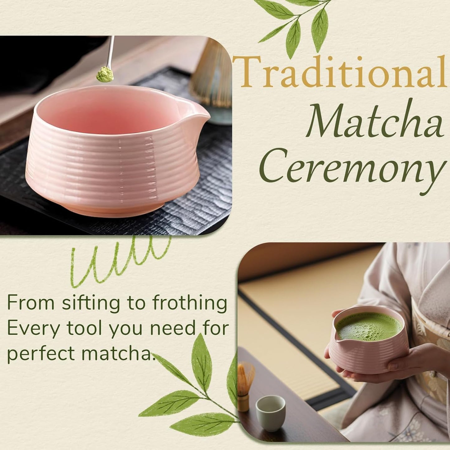 8 Pcs Matcha Whisk Set Chasen Matcha Whisk Bamboo Bowl with Spout Sifter Spoon Scoop Whisk Holder Bamboo Mat Complete Matcha Making Kit (Red Petal)