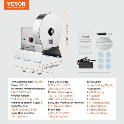 VEVOR Electric Vegetable Slicer, 0-0.5"/0-12mm Thickness Adjustable Commercial Slicer Machine, Convertible to Manual, Stainless Steel Food Cutter Slicing Machine, for Potato, Lemon, Tomato, Apple