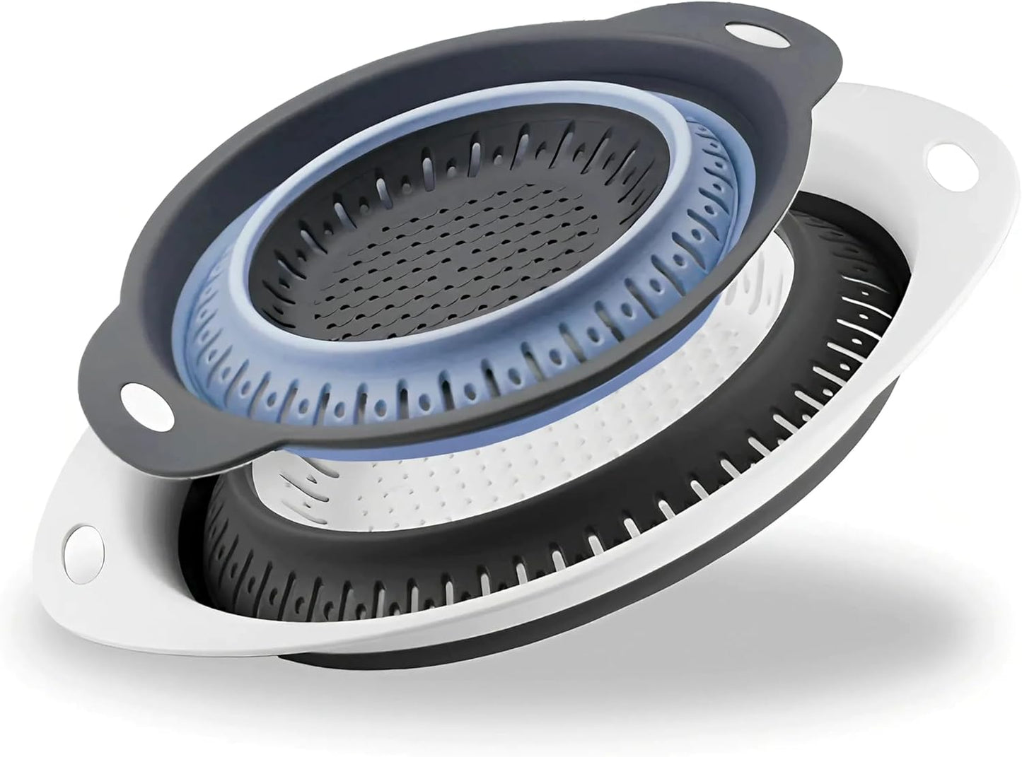 Collapsible Colander Set, Square Round Triangles Silicone Kitchen Strainer Perfect for Draining Pasta Vegetable fruit 2 PCS (10.8"L x 8.6"W x 2"H, Blue & Gray)