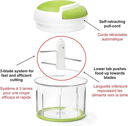 Starfrit Pull Chopper - Multi Purpose Manual Food Processor - Three Blade System for a Faster Cut - From Large Chunks to Purée - Self-Retracting Cord - Fruits, Vegetables, Meats and Crushes Ice