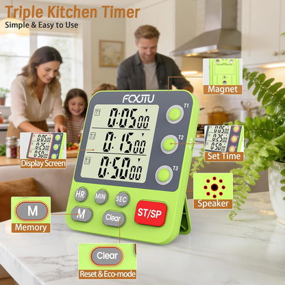 Digital Dual Triple Kitchen Timer, 3 Channels Magnetic Countdown Stopwatch Timer for Cooking, Loud Alarm Large Display Multi Food Memory Timer for Seniors & Teachers Battery Included (Blue)