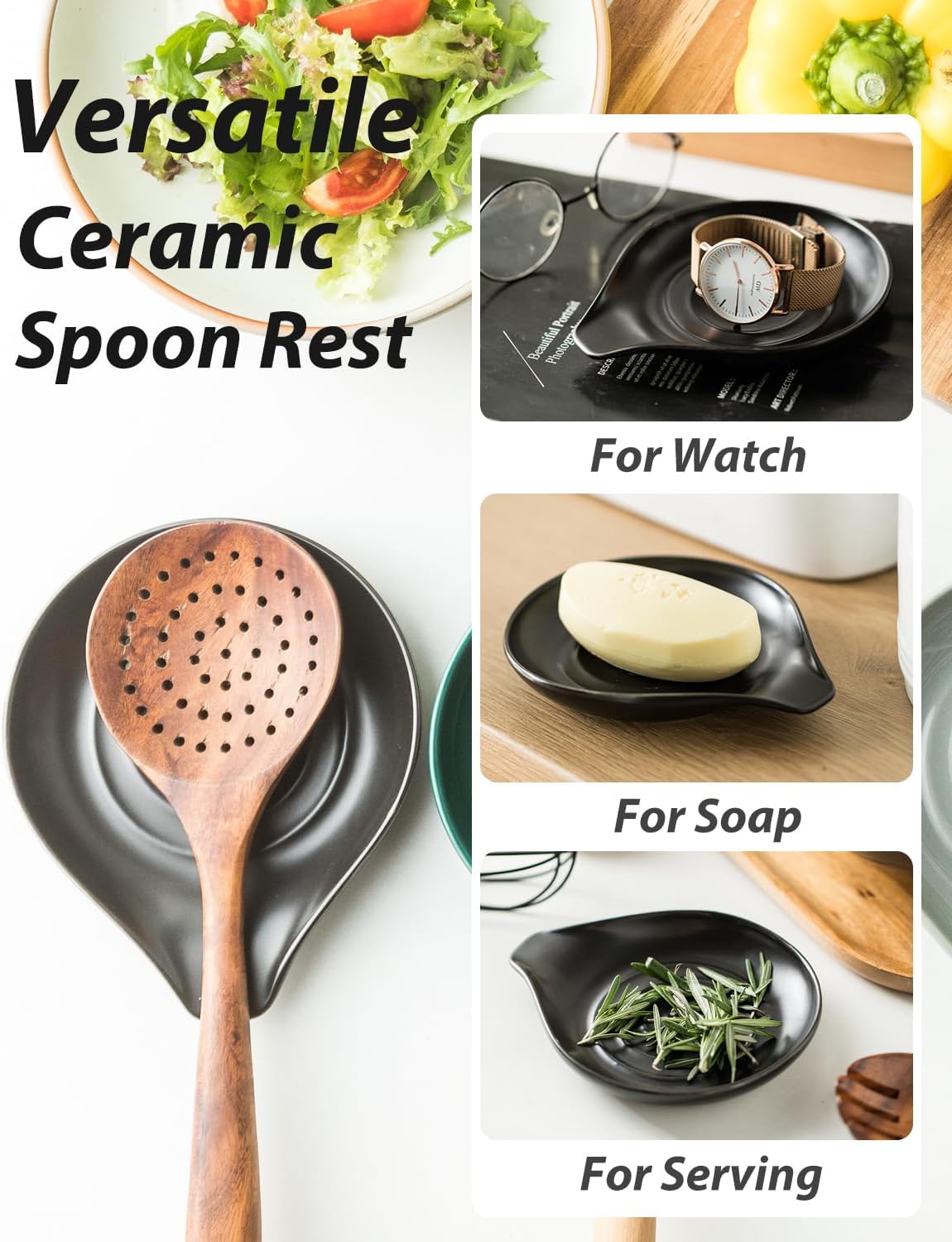LAUCHUH Spoon Rest, Large Ceramic Spoon Holder for Kitchen Counter Spatula Rest Heat-Resistant Spoon Rest for Stove Top Cooking Utensil Holder, Farmhouse Kitchen Décor for Father's Day, Cream, 5 Inch