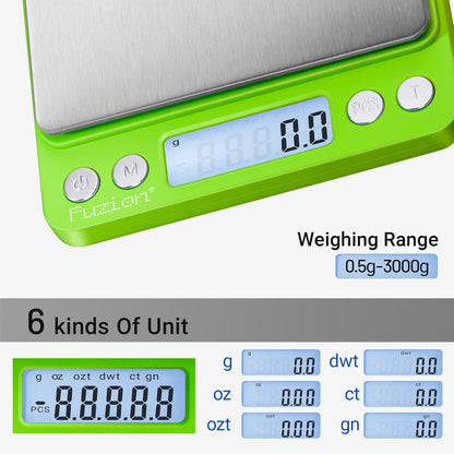 Fuzion Digital Kitchen Scale 3000g/ 0.1g, Pocket Food Scale 6 Units Conversion, Gram Scale with 2 Trays, LCD, Tare Function, Reptile Scale, Herb Scale(Battery Included)