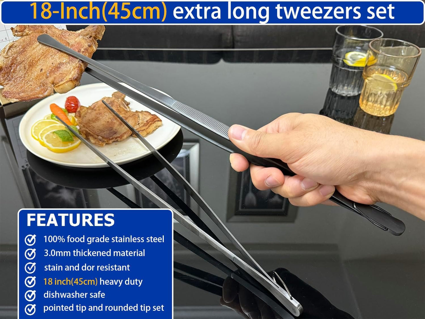 JETKONG 2 Pcs 12-Inch Kitchen Tweezers Fine Tweezer Tongs, Extra-Long Stainless Steel Cooking Tweezers (Silver)