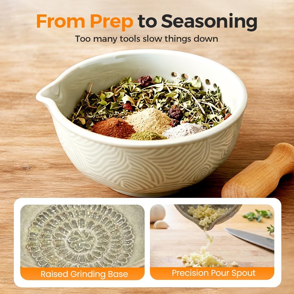 Handmade Garlic Grater and Herb Bowl,Herb Stripper Bowl with Grater,2-in-1 Stoneware Kitchen Prep Tool with 7 Hole Sizes (2 PCS)