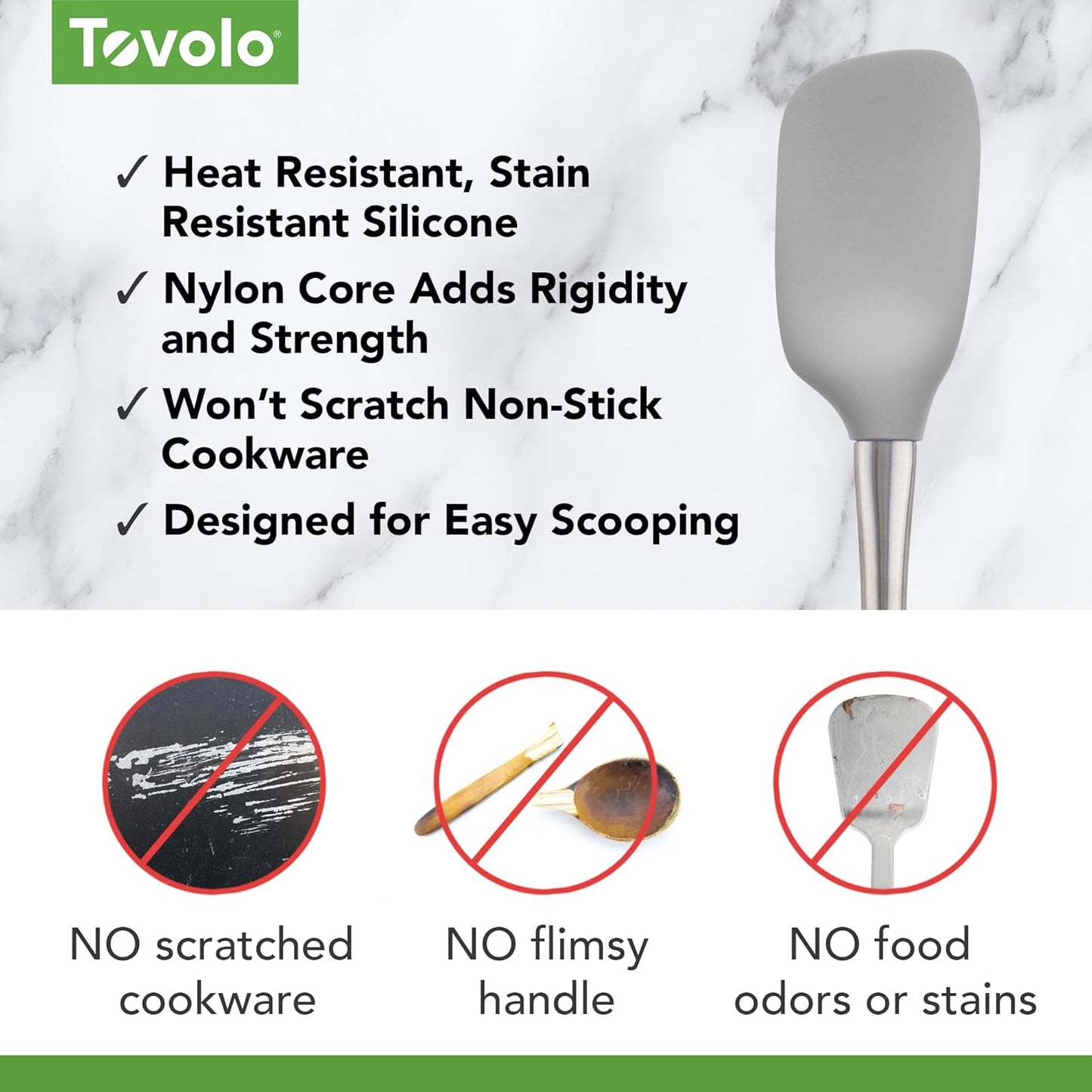 Tovolo Flex Core Silicone Spatula Spoonula Set of 2 for Non Stick Cast Iron Cooking & Baking, Dishwasher Safe Heat Resistant BPA Free Long Stainless Steel Handle Kitchen Utensil, Charcoal Gray