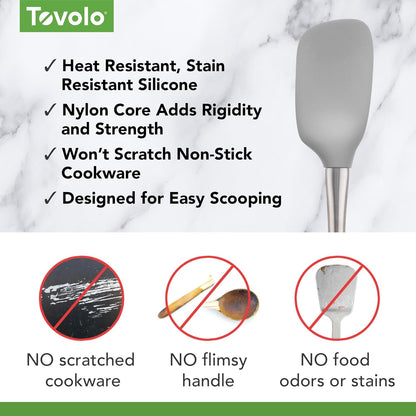 Tovolo Flex Core Silicone Spatula Spoonula Set of 2 for Non Stick Cast Iron Cooking & Baking, Dishwasher Safe Heat Resistant BPA Free Long Stainless Steel Handle Kitchen Utensil, Charcoal Gray