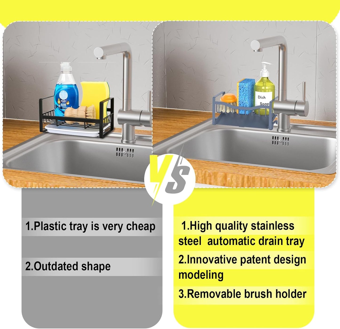 Maifan Stainless Steel Kitchen Sink Caddy Organizer with Auto Drain Tray, Sponge Holder for Countertop Storage