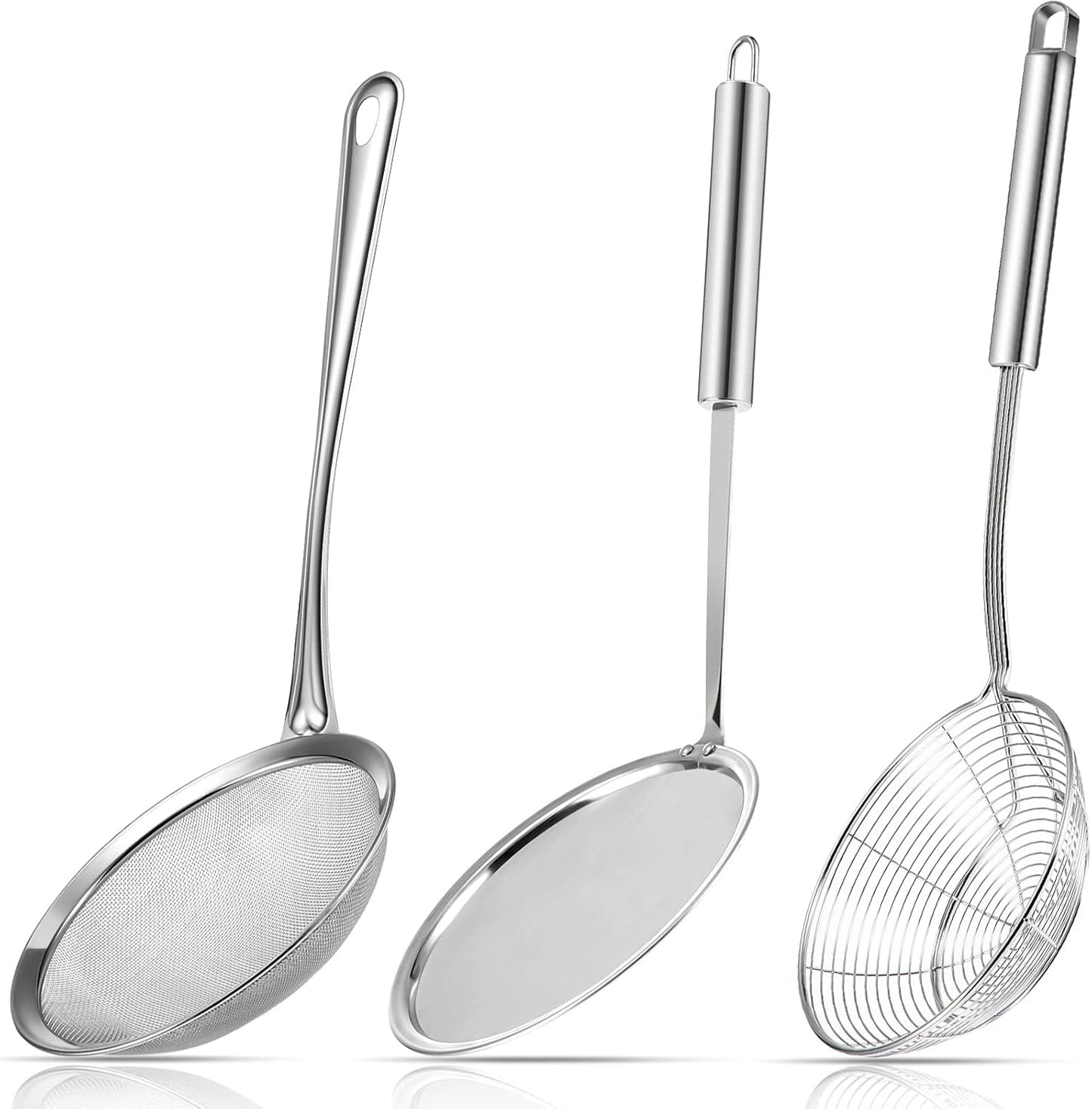 Shappy 3 Pieces Spider Strainer Skimmer Spoon Set, Stainless Steel Mesh Strainer with Handle Wire Mesh Colander, Hot Pot Fat Skimmer Spoon, Fine Mesh Food Strainer for Cooking, Skimming (5.5 Inch)