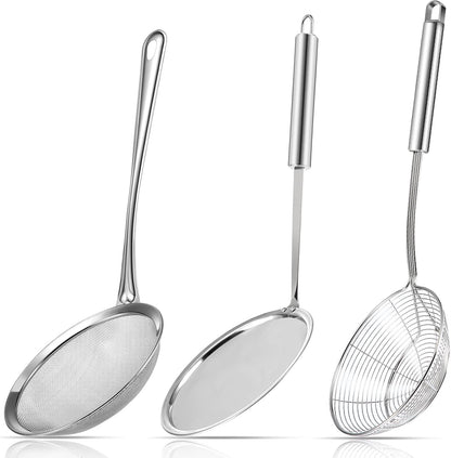 Shappy 3 Pieces Spider Strainer Skimmer Spoon Set, Stainless Steel Mesh Strainer with Handle Wire Mesh Colander, Hot Pot Fat Skimmer Spoon, Fine Mesh Food Strainer for Cooking, Skimming (5.5 Inch)