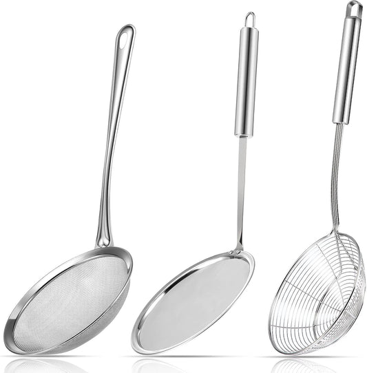 Shappy 3 Pieces Spider Strainer Skimmer Spoon Set, Stainless Steel Mesh Strainer with Handle Wire Mesh Colander, Hot Pot Fat Skimmer Spoon, Fine Mesh Food Strainer for Cooking, Skimming (5.5 Inch)