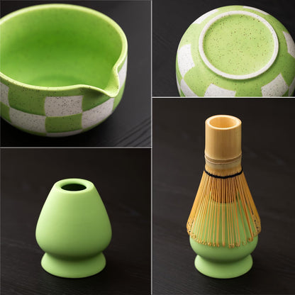 Premium 7-Piece Matcha Tea Set – Traditional Japanese Style with Elegant Grid Pattern, Includes Bamboo Whisk, Ceramic Bowl, Scoop & More – Perfect for Matcha Lovers & Tea Ceremony (Orange grid)