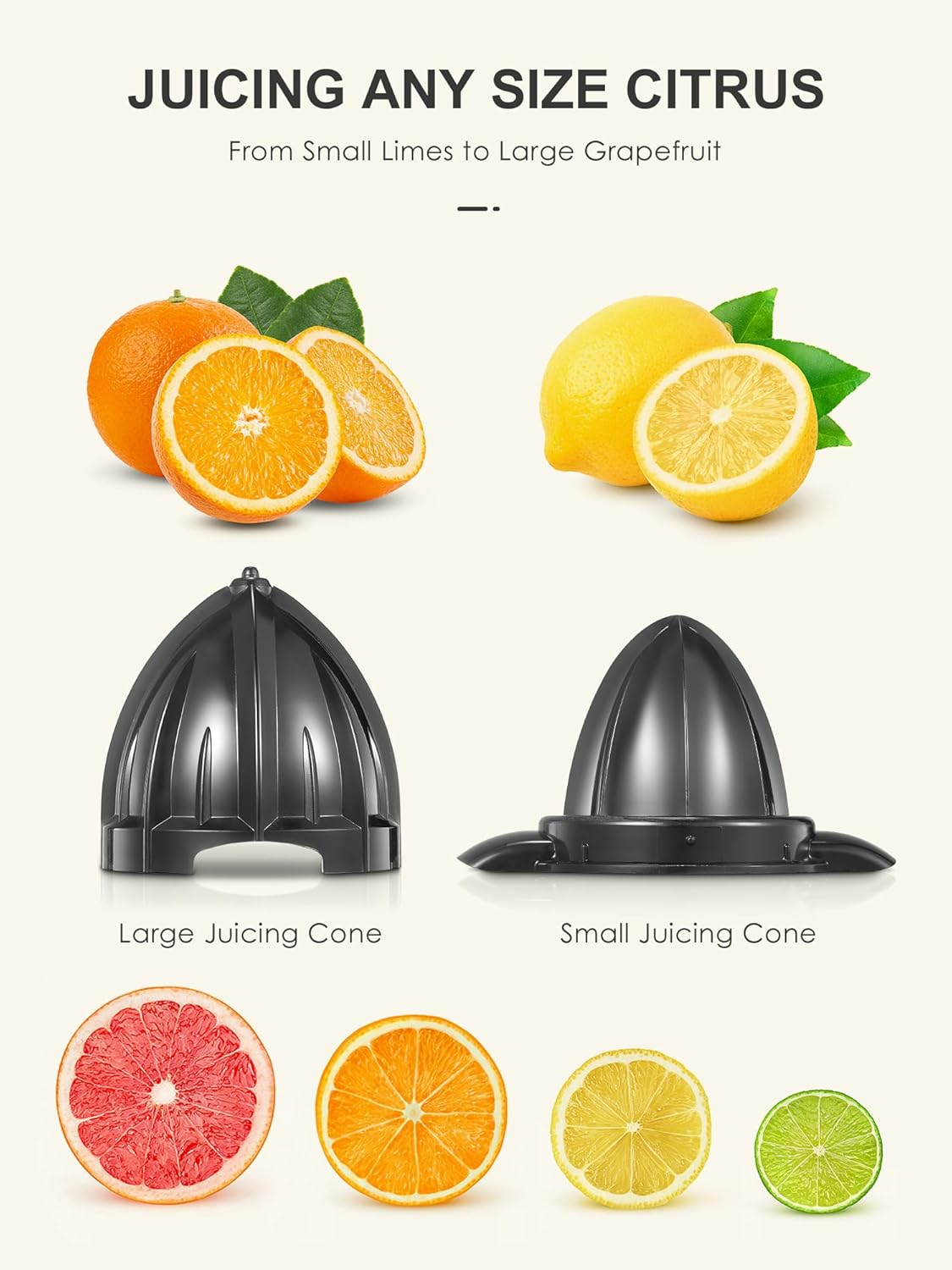 Electric Citrus Juicer Squeezer, Orange Juicer with Two Interchangeable Cones, Suitable for orange, lemon and Grapefruit, Brushed Stainless Steel, Easy to Clean and Use (Black+Silver)