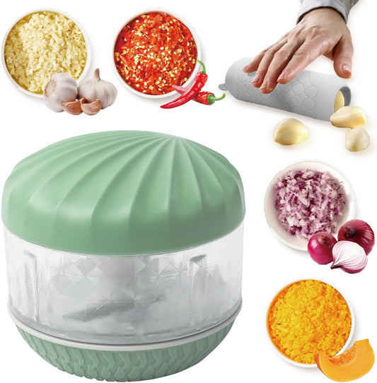 Portable Hand-Powered Garlic Mincer, Mini Manual Food Chopper for Small Kitchen, Multi-Use Onion Cutter for Garlic, Vegetables Ingredients, Ginger, Fruits, Set with Peeler (2 Pieces)