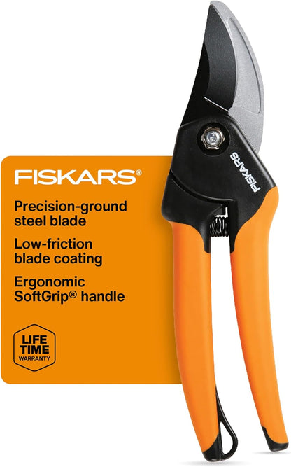 Fiskars Bypass Pruning Shears, 5/8" Cut Capacity Gardening Scissors, Self-Cleaning Sap Groove Prevents Sticking, Non-Slip Grip for Cutting Stems & Branches, Sharp Steel Blades w/ Low-Friction Coating