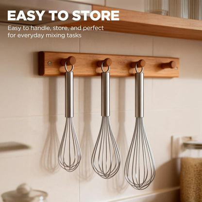 Professional Stainless Steel Wire Whisk Set – 8”, 10”, 12” Balloon Whisks for Eggs, Batter, Sauces & More (3 Pack)