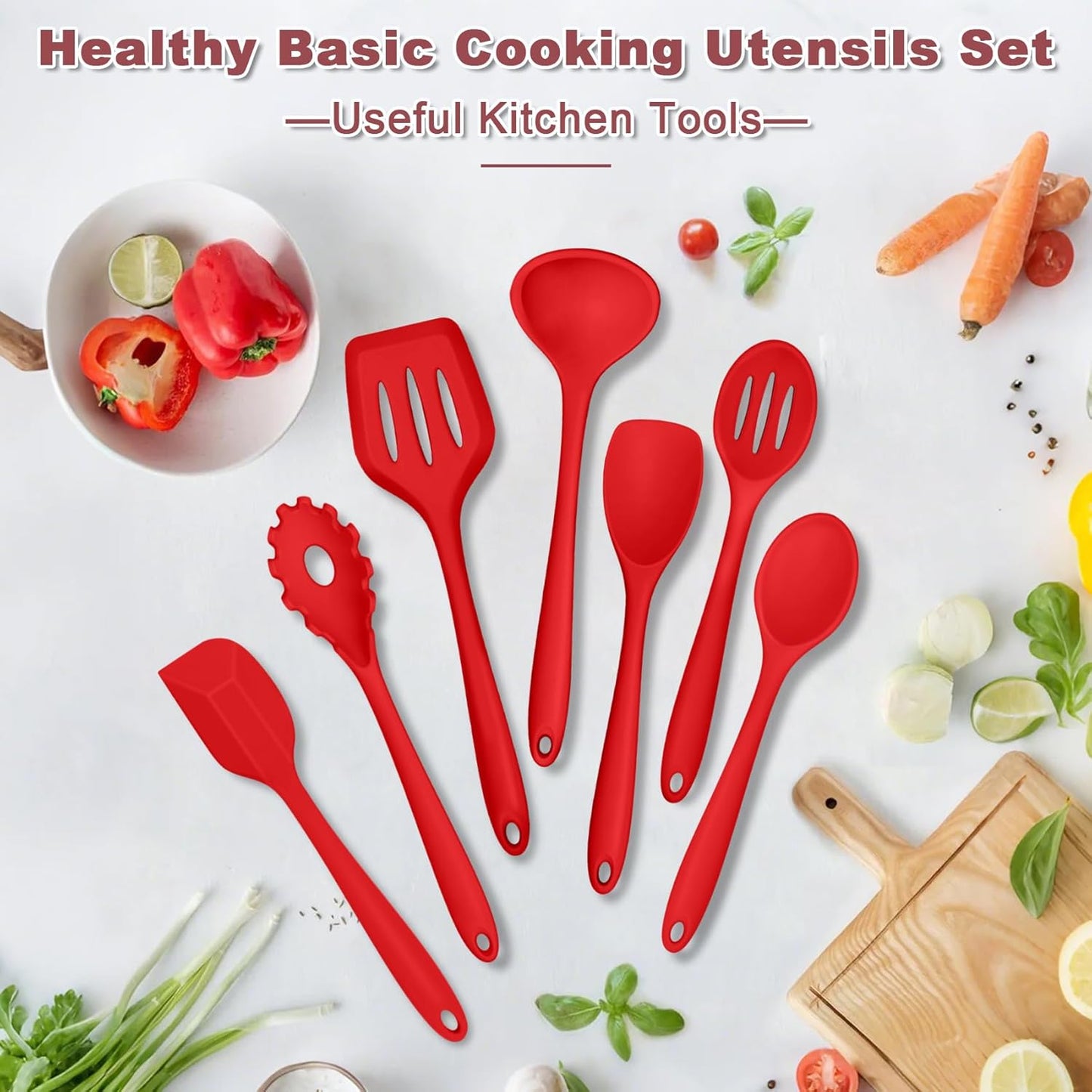 TeamFar Silicone Cooking Utensil Set of 7, Black Kitchen Nonstick Tools Turner Spoon Spatula Ladle Pasta Server for Nonstick Cookware, Healthy & One-Piece, Anti-Heat & Dishwasher Safe