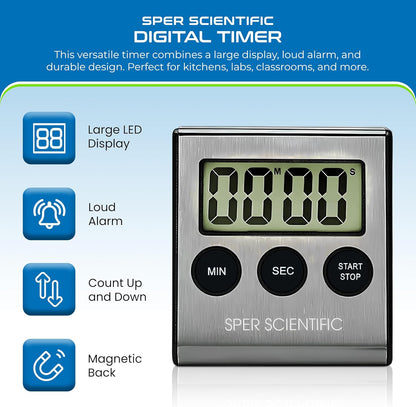 Sper Scientific 24-Hour Digital Lab + Kitchen Timer with LED Light 810001 - Precision Countdown Timer with Large Display, Loud Alarm & Clock Mode - for Cooking, Lab Experiments & More