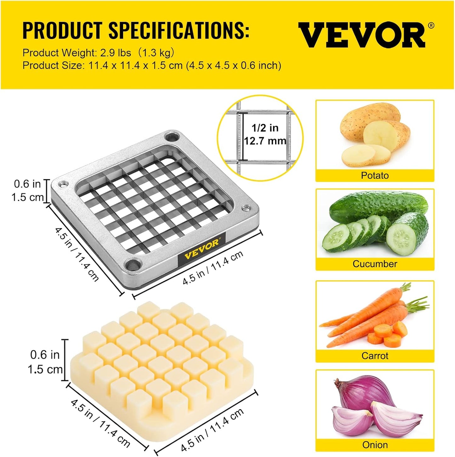VEVOR Commercial Vegetable Chopper w/ 4 Replacement Blades, Stainless Steel French Fry Cutter Potato Dicer & Fruit Slicer for Restaurants & Home Kitchen