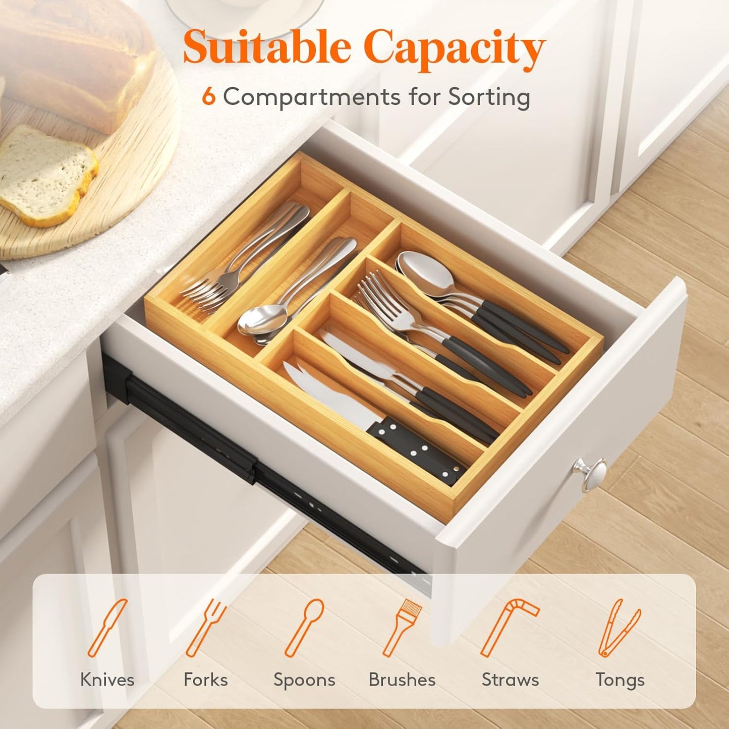 Lifewit Silverware Drawer Organizer, Utensil Tray for Kitchen, Flatware and Cutlery Holder, Storage for Spoons Forks Knives, 6.7 x 12", Natural
