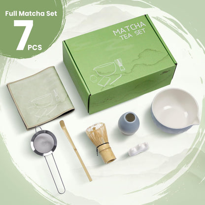 Matcha Whisk Set – Ceramic Matcha Bowl with Pour Spout, Bamboo Whisk, Whisk Holder, Scoop, Sifter – Japanese Matcha Kit for Beginners (Blue)