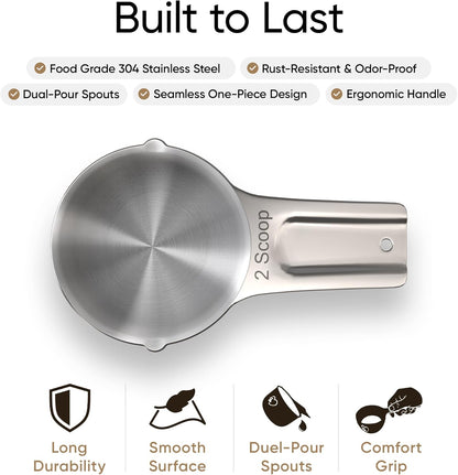 Color Up 2 Scoop (2 Cup / 480 ml) Stainless Steel Pet Food Measuring Scoop for Dogs, Cats, Rabbits & Birds – Dual Pour Spouts, Ergonomic Handle, Dishwasher Safe