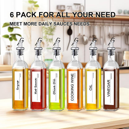 gmisun Olive Oil Dispenser for Kitchen, 4 Pack 17 fl oz Glass Oil Dispensers Bottle, Cooking Soy Sauce Bottle Container Cruet with Plastic Pourer Spout, Funnel and Labels, Clear